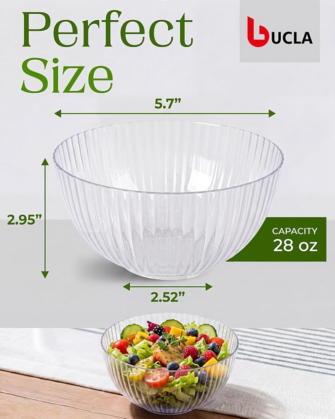 bUCLA 12 PCS Plastic Cereal Bowls Set - 28 Oz Clear Disposable Vertical Stripes Serving Bowls for Snack, Salad, Dessert & Fruit