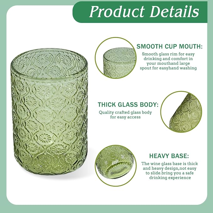 Green Vintage Drinking Glasses Set of 6, 14 oz hobnail drinking glasses Glassware Embossed Green Water Tumbler for Beer, Juice, Cocktail, Whiskey, Milk