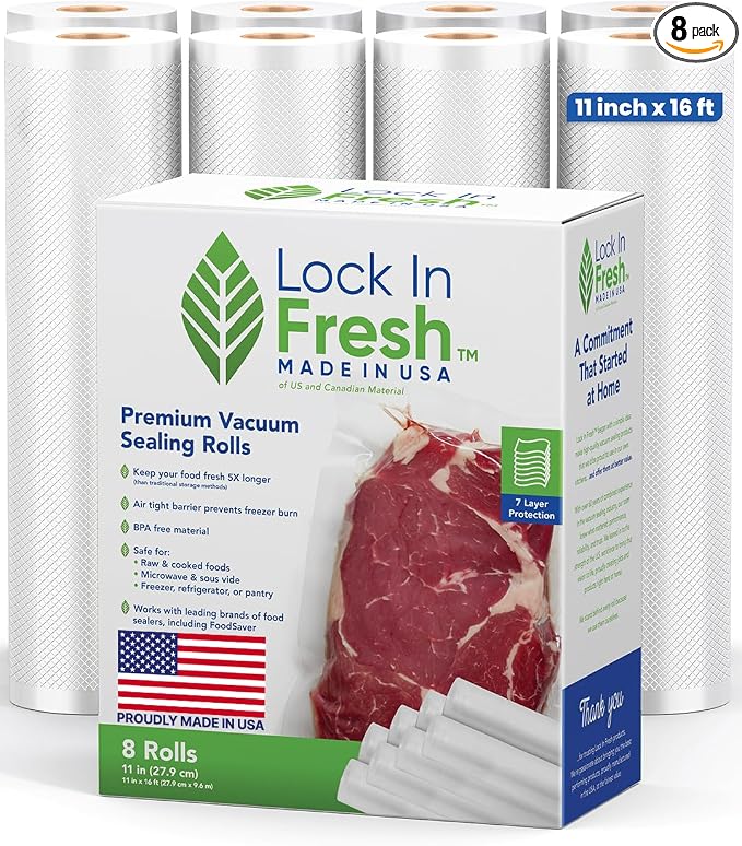 Vacuum Sealer Bags for Food - Heavy Duty Food Saver Vacuum Sealer Bag Rolls - Sous Vide, Seal a Meal Bags, 8-pack, 11" x 16' - Made in the USA