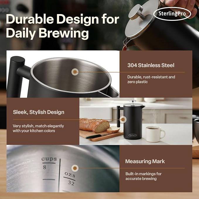 SterlingPro Extra Large Insulated Stainless Steel French Press Coffee Maker 59oz – Insulated Metal XL Double Wall Coffee Maker | Plastic Free | Cool-Touch | Black Finish | Makes up to 16 Cups/8 Mugs