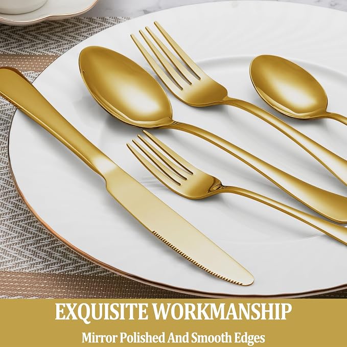 60 Pcs Gold Silverware Set Service for 12, Premium Stainless Steel Flatware Set, Cutlery Utensil Set, Durable Home Kitchen Eating Tableware Set, Include Fork Knife Spoon Set, Dishwasher Safe
