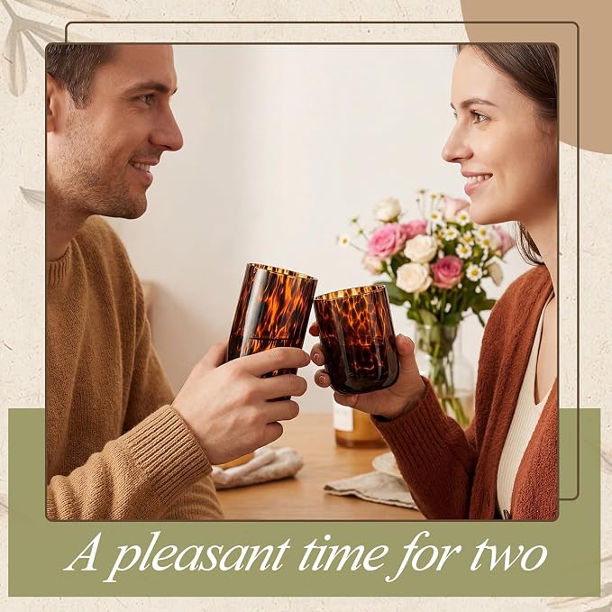 SiliFine Set of 2 Tortoise Shell Leopard Print Stemless Wine Glasses, 17oz & 14oz, Hand Blown Wine Glasses, Brown Glassware, Ideal Tumbler for Gin, Tequila, Gifts for Party