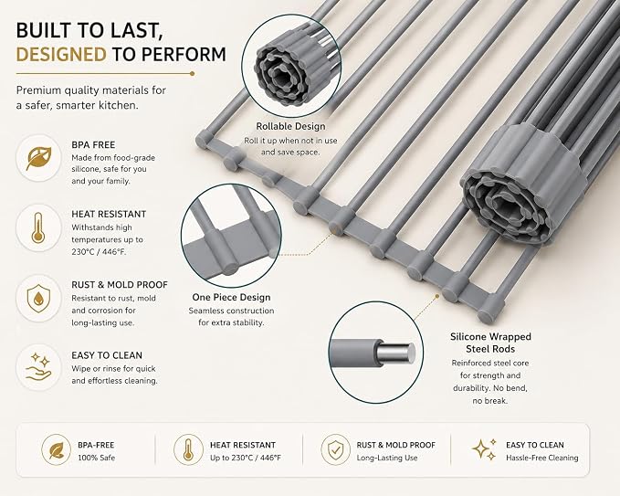 Roll Up Dish Drying Rack for Kitchen Sink, Silicone Wrapped Dish Drainer,Flodable Over Sink Drying Rack,Heat Resistant, Drain Mats, Space Saving, Multipurpose (Gray, Small)