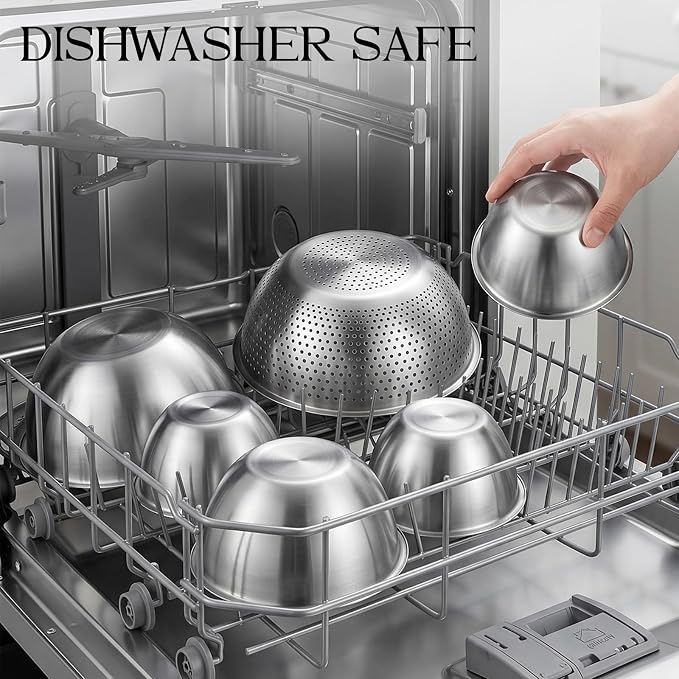 DUTZUN Stainless Steel Mixing Bowls with Colander | 5 Mixing Bowl with 1 Strainer for Kitchen, Salad, Prep, Serving, Food Storage & Cooking
