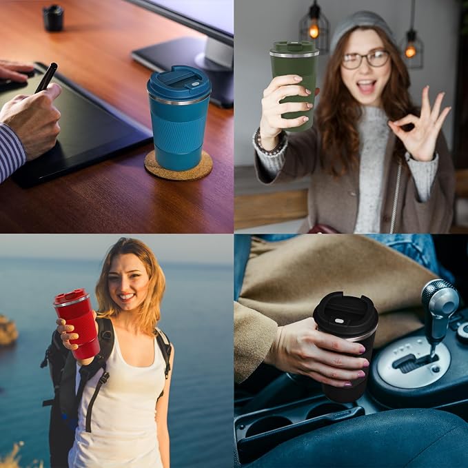 4 Pack Insulated Coffee Mug with Lid 17oz Travel Coffee Tumbler Stainless Steel Reusable Coffee Cups Thermal Coffee Mug for Hot and Iced Cold Drinks, Multicolor