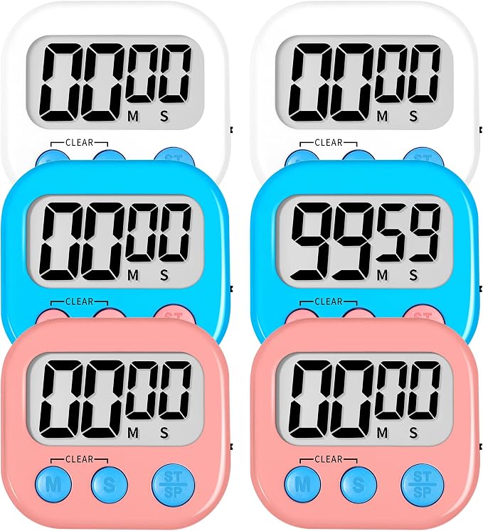 ZILLEEN Digital Kitchen Classroom Timers for Kids Cooking 6pcs Wht Blu Pk | Strong Magnetic, Large Screen, Big Button, Count Up/Down, Loud Alarm, Teacher Classroom Must Haves Supplies
