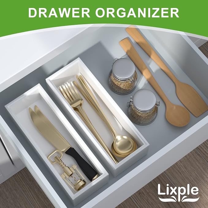 Lixple Bamboo Kitchen Drawer Organizer, 2 Pack, 9" x 3" x 2", White | Fits Steak Knives, Silverware & Utensils, Perfect for Narrow Kitchen Drawers, Inner Size 8.3" × 2.3" × 1.77"