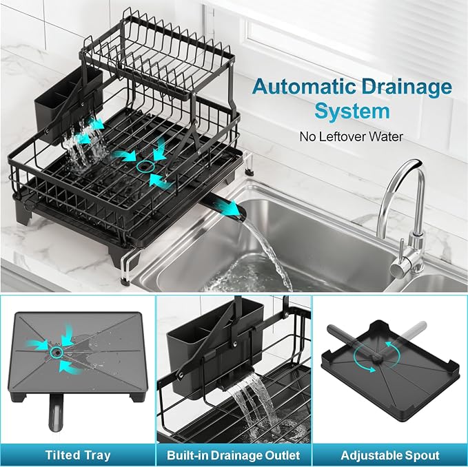 Large 2 Tier Dish Drying Rack - Expandable Over Sink & Counter Use | Extendable Drying Space, Auto-Drain Spout, Stable Screw-Fixed Frame, Cup & Utensil Holder, Rust-Resistant Kitchen Rack, Black