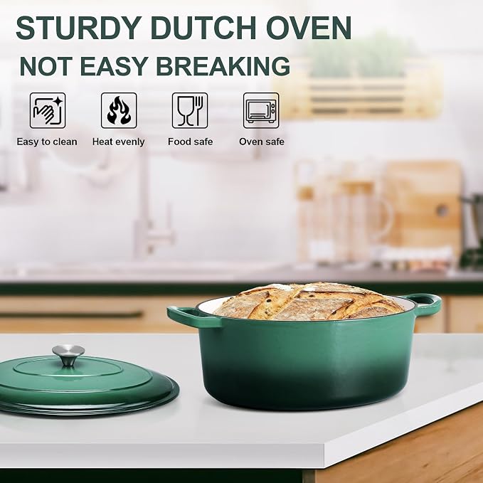 E-far 5QT Oval Dutch Oven Pot with Lid, Enameled Cast Iron Dutch Oven | with Dual Handles for Homemade Sourdough Bread Baking, Nonstick Enamel Coated Cookware, Non-Toxic & Easy Clean, Dark Green