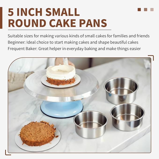 TeamFar 5 Inch Cake Pan Set of 4, Stainless Steel Small Layer Cake Pans Tin | Round Bakeware for Birthday Wedding Party, Non-Toxic & Healthy, Mirror Finish & Dishwasher Safe