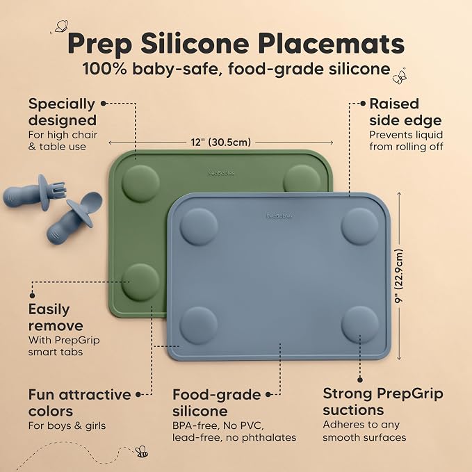 KeaBabies 2pk Silicone Placemats for Toddlers, Kids, Baby, 12x9 (Slate, S) | Non Slip Suction Silicone Placemat for Restaurants, Dining Table,Travel, Easy to Clean, Food Grade/BPA-Free, Small Table Mat