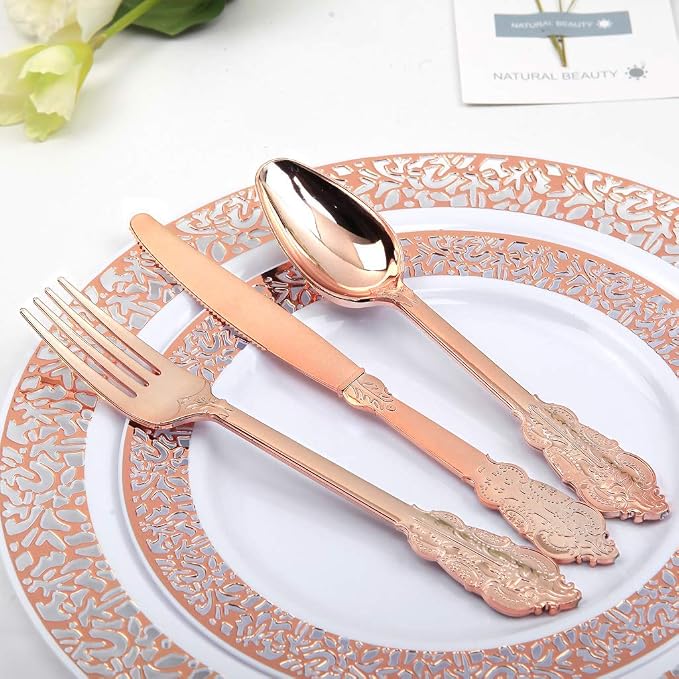 WDF-300 Pieces Rose Gold Plastic Silverware- Disposable Flatware -Heavyweight Plastic Cutlery- Includes 100 Forks, 100 Spoons, 100 Knives for Wedding/Parties/Birthday