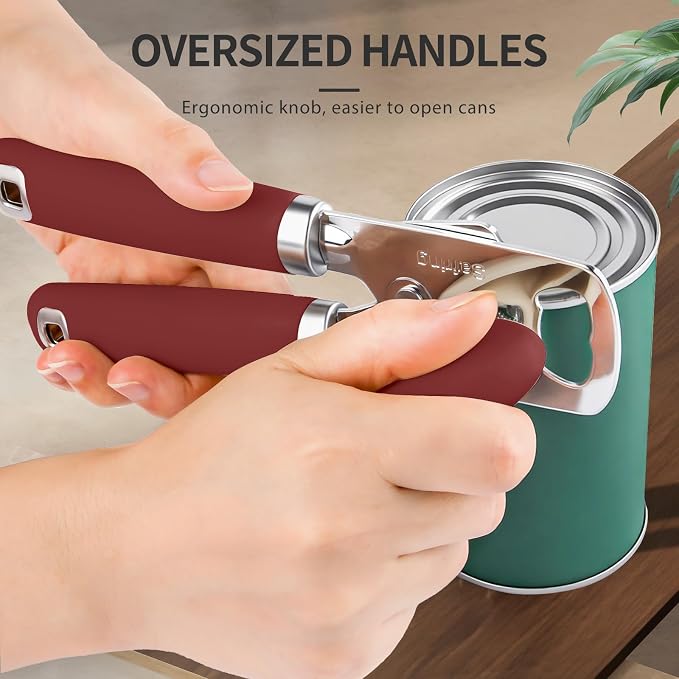 Safring Can Opener Manual, Heavy Duty Stainless Steel Smooth Edge Can Openers With Soft Touch Handle, Oversized Handheld Easy Turn Knob, Multi-Function Bottle Opener, Red