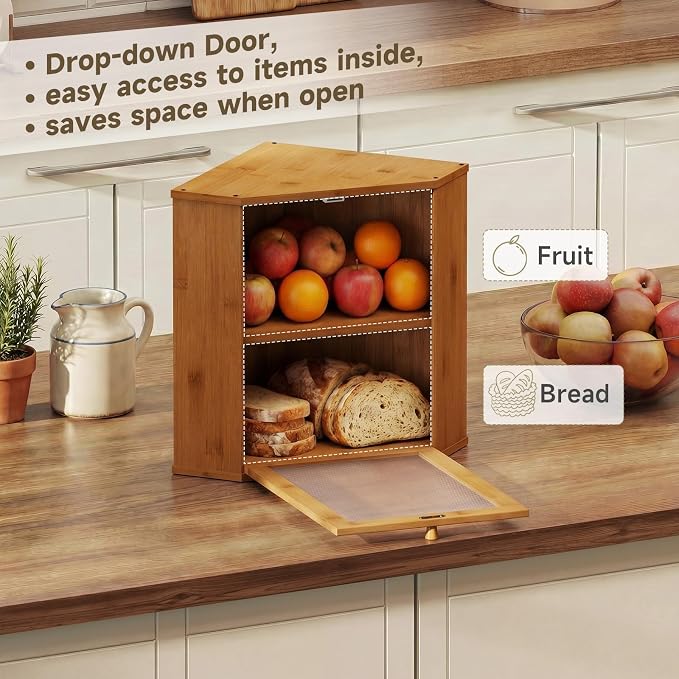 Bread Box for Kitchen Corner Countertop,Large Bread Basket (Brown, X-Large) | Double Layer Bamboo Bread Storage Container for Kitchen Countertop,Height Adjustable