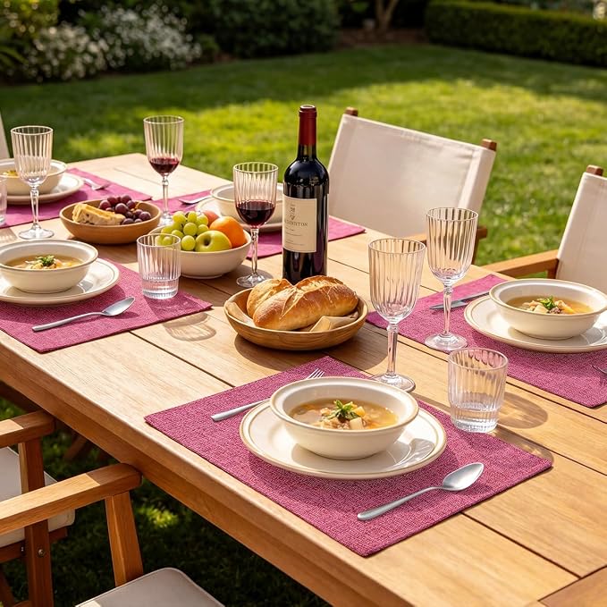 Faux Cotton Linen Placemats Set of 6, Cloth Washable Farmhouse Dining Table Mats for Indoors & Outdoors, Easy to Clean, Hot Pink, 13 x 19 Inch