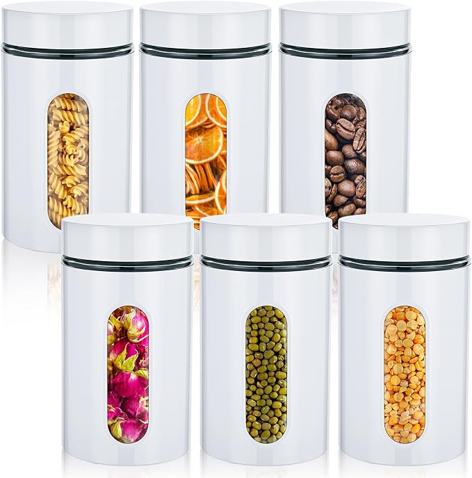 6 Pack Kitchen Canisters Set Airtight Coffee Sugar Tea Storage Jars with Window Glass Stainless Steel Containers with Lids for Flour Cookies Spices Grains Kitchen Decorations(White,32 oz)