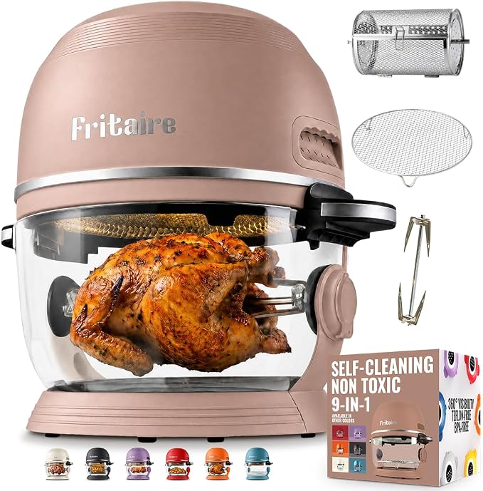 Non Toxic Air Fryer™ Pro | 9-in-1 Glass Air Fryer | Self-Cleaning | 5 Quart | Rotisserie and Tumbler | 400F Vortex For Even Cooking, BPA-Free Teflon Free, Recrisp, Roast, Bake, Mauve Rose