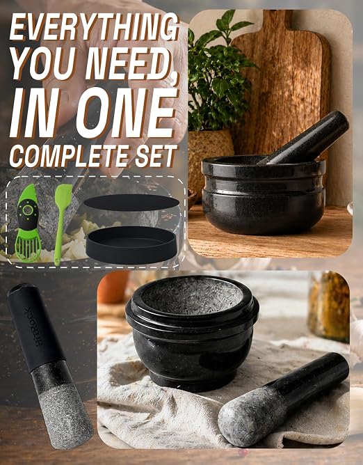 HITROCK Granite Mortar and Pestle 2 Sets, 6 Inch Heavy Duty Stone Grinder Bowl with Silicone Anti-Slip Base & Handle Protector, for Guacamole, Salsa, Pesto, Spices, 2.3 Cup & 3.2 Cup Capacity, Black