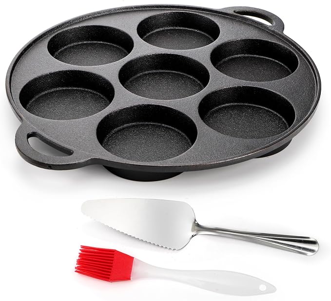 Hiceeden Cast Iron Muffin Pan, 7 Impressions Biscuit Pan with Handle, Pancake Mini Cake Pan with Spreader and Shovel for Baking Dessert, Cupcake