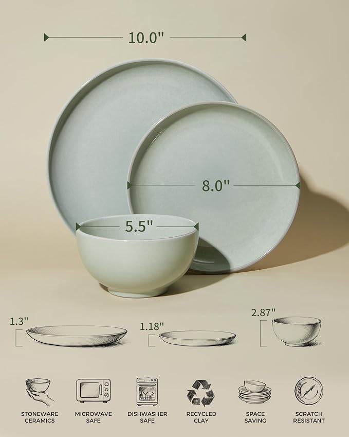 18 Piece Dinnerware Set for 6, Reactive Glaze Terracotta Plates and Bowls Set, Large Family-Sized Stoneware Dish Set for Gatherings, Chip and Scratch Resistant, Slate Green