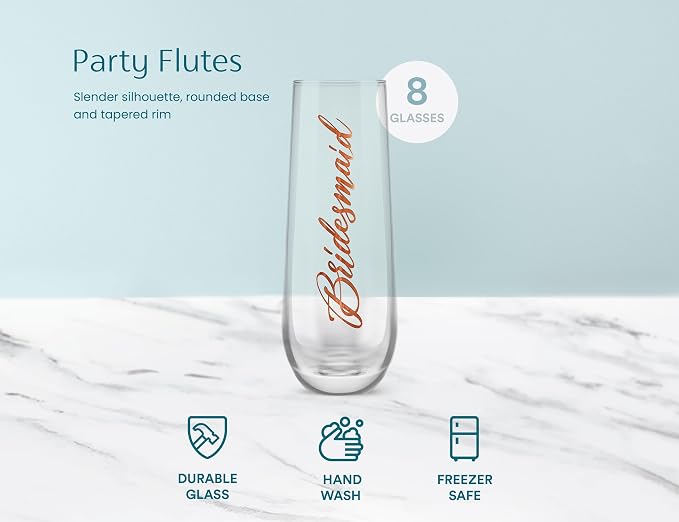 Bridesmaid Wine Glasses, Kook Bachelorette Party Champagne Glasses, 9.4 Oz (Bridal Set of 8), Stemless Glass Champagne Flutes, Cocktail Cups for Rose, Great for Weddings and Parties, Dishwasher Safe