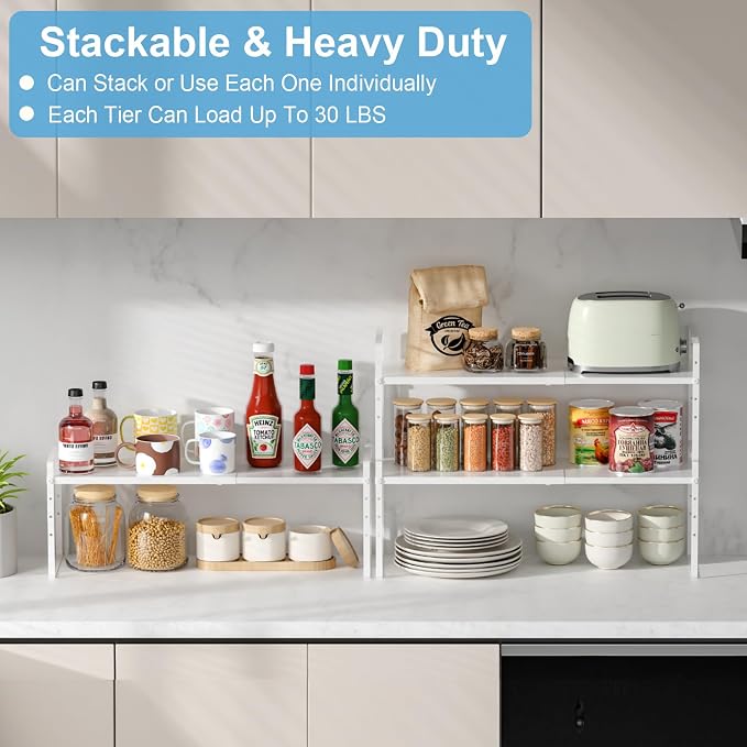 15.5 to 25.5 Inch Kitchen Cabinet Shelf Organizers, Adjustable Kitchen Counter Shelf Organizer, Set of 4 Expandable Countertop Storage Shelves, Stackable Design, 30LBS Heavy Duty, Space Saver