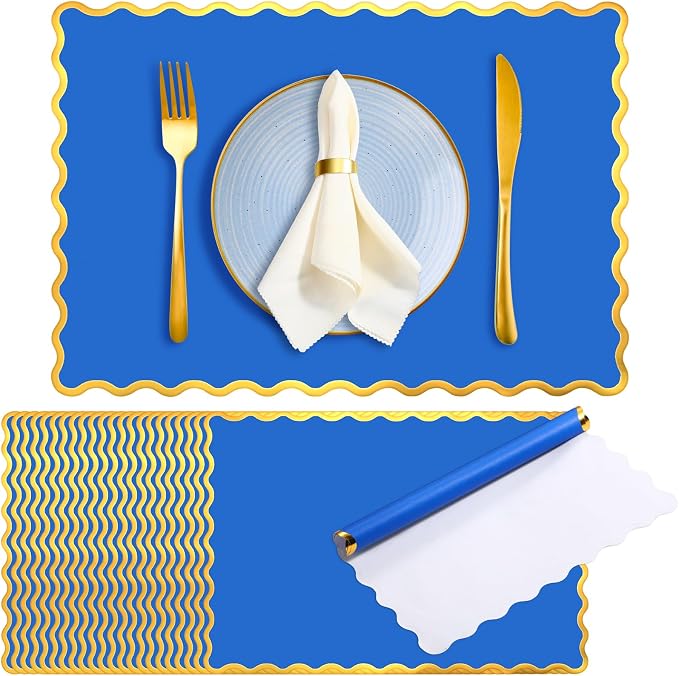 FoldTier 150 Pcs Disposable Paper Placemats Bulk 10"x14" Rectangle Place Mats with Scalloped Edges Dining Table Mat for Wedding Birthday Party Table Decoration(Blue)