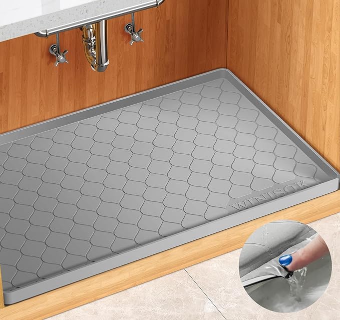 Winisok Waterproof Under Sink Mat 31" x 19", Silicone Mat, Light Gray | Raised Edge Traps Spills & Leaks, Shelf Liner, Cabinet Protector, for Kitchen, Bathroom, Boots, Pets, Home Essentials