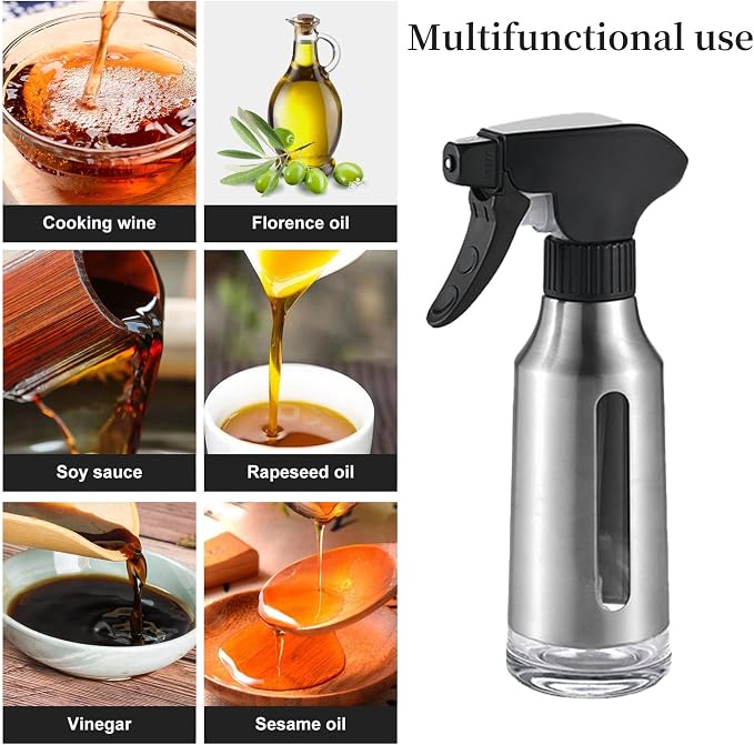 Oil Sprayer for Cooking,Stainless Steel Olive Oil Mister for Air Fryer Black Nozzel Dispenser Bottles Fat Reduction Glass Oil Control Spray Pot 6.35oz(180ml) Capacity