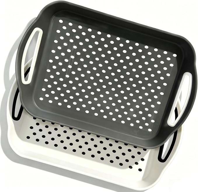 2 Pack Anti-Slip Serving Tray with Handles, 16" x 12", (Grey & White) | with Non Slip Food Tray with Surface Grippy Dots, Lap Tray for Eating on Couch, Breakfast Dinner Snack Fruit Tray