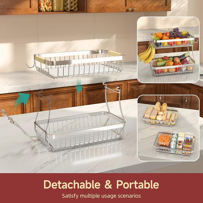 2-Tier Fruit Basket with Banana Hangers, Detachable Metal Bowl | Wooden handle, protective mats included. Versatile holder for bread, snacks, and veggies. Large 2 tier metal design.