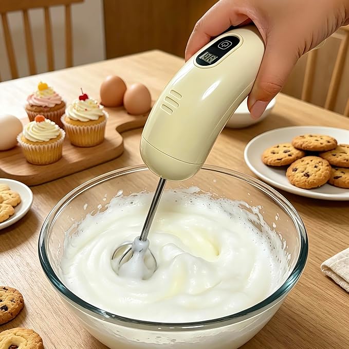 Cordless Hand Mixer with 5 Speed Modes, Handheld Electric Whisk, Hand Held Egg Beater with 2 Detachable Stir Whisks (White)