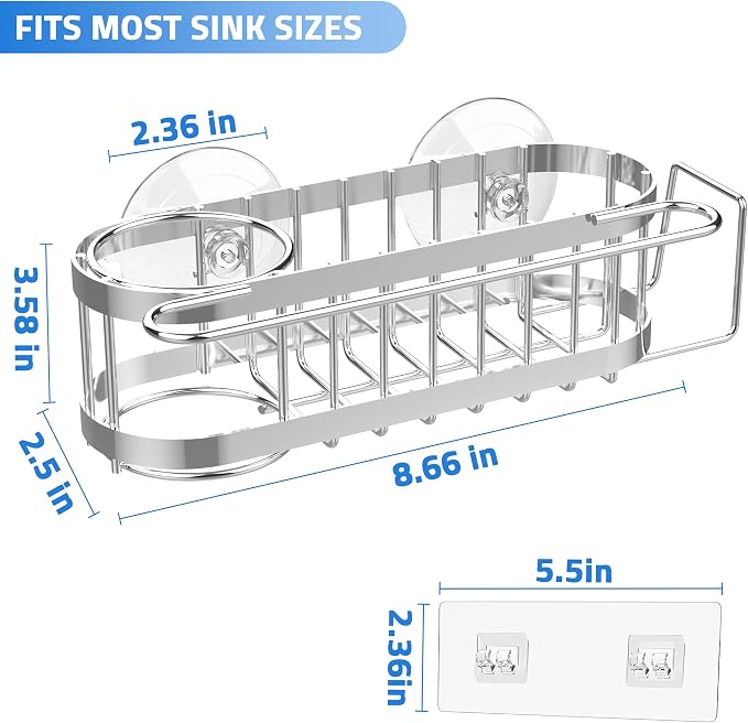 Cisily Kitchen Sink Caddy Sponge Holder in The Sink, Stainless Steel Kitchen Sink Organizer, Brush Holder, Dish Cloth Hanger, Sink Stopper Holder (Suction cup-Silver)