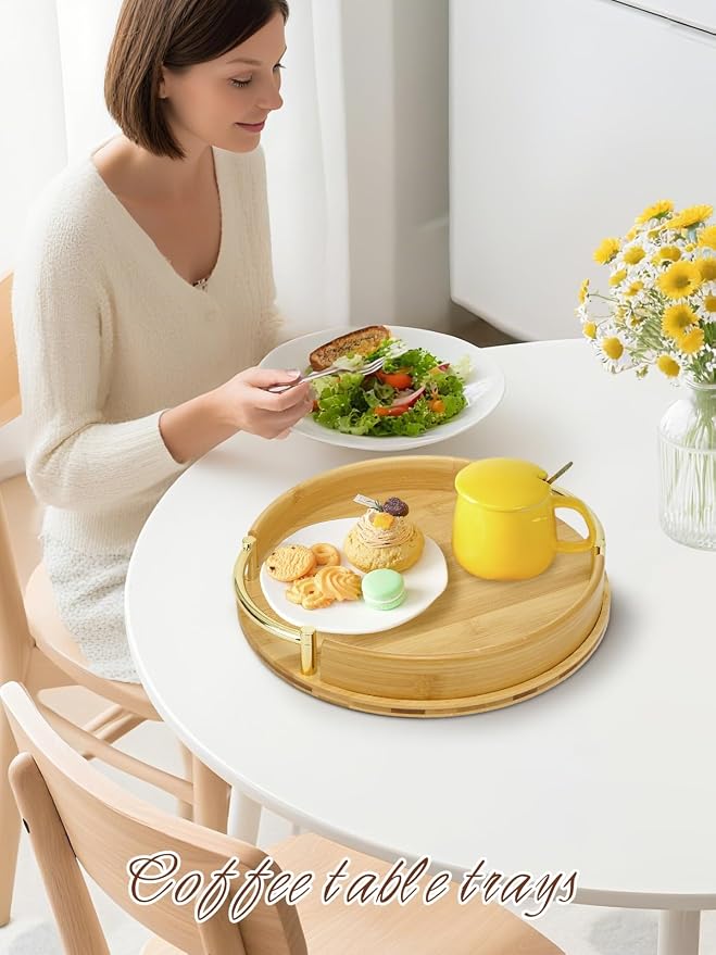 JUPELI 11.8″ Round Bamboo Serving Tray with Handles – Decorative Tray, Breakfast Tray, Coffee Table Tray, Ottoman Tray, Kitchen Platter for Drinks, Snacks, Vanity, Home Decor & Gifts