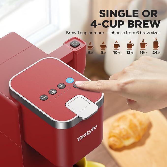 Tastyle Single Serve Coffee Maker with Built-in Detachable Milk Frother | For K Cups & Grounds, 40oz Removable Water Tank, 6 Brew Sizes, 2 Drip Trays, BPA Free, Fits 7.3" Travel Mug, K330MF, Red