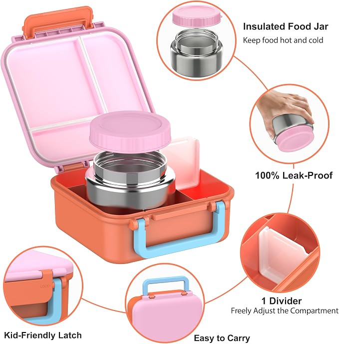 Kids Bento Lunch Box with Soup Thermo (9oz)– Hot & Cold Lunch Container with Leak Proof Insulated Food Jar for School Girls Boys, Ideal Size for Ages 3 to 7, Pink/Orange