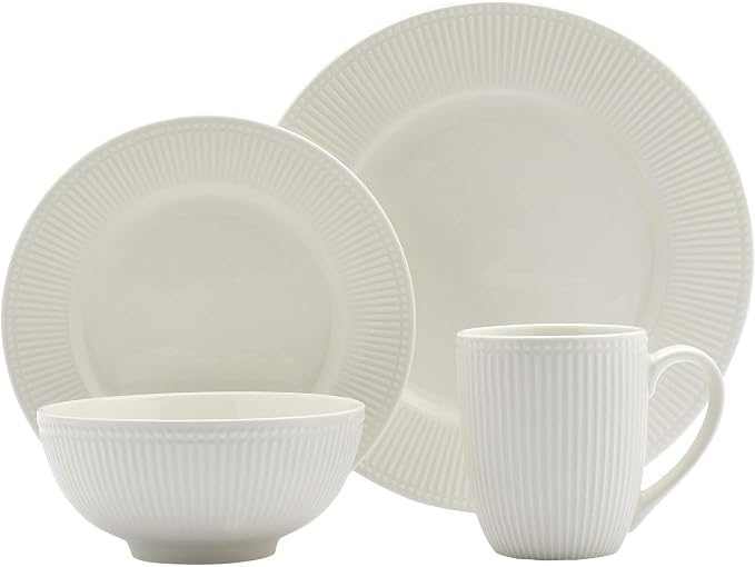 Tabletops Gallery Embossed Bone White Porcelain Round Dinnerware Collection- Chip Resistant Scratch Resistant, Fleur 16 Piece Dinnerware Set (Dinner Plate, Salad Plate, Cereal Bowl, Mug)