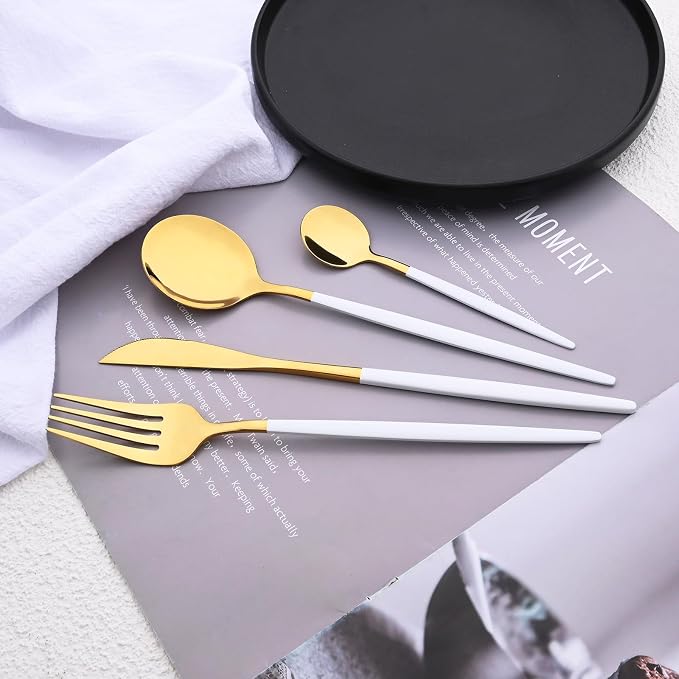 Mirror Silverware Set, 24-Piece 18/0 Stainless Steel Flatware Set For 6, Gold and White Color Forks Spoons Knives Cutlery Set For Home Restaurant, Lightweight and Flat handle
