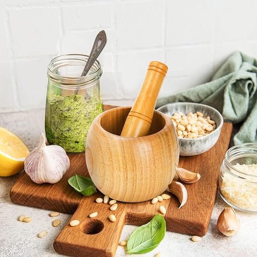 2 Pack Wooden Mortar and Pestle Set, 1.5 Cup Solid Jujube Wood Garlic Grinder Bowls, Herb & Spice Crusher for Guacamole, Pepper, Nuts, Salsa, Kitchen Manual Grinding Tool