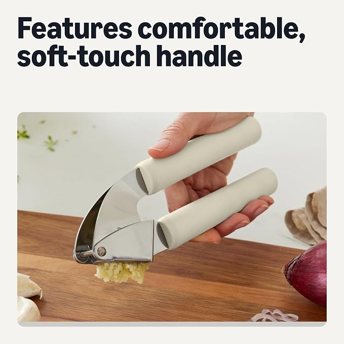 Amazon Basics Garlic Press, Stainless Steel, Soft Grip Handle, Dishwasher-Safe, Linen Gray