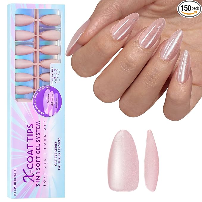 BTArtboxnails XCOATTIPS Cat Eye Press On Nails, Medium Almond, Bling Baby | Lamp-Curable 4-Week Wear, Salon Quality Value at Home, Natural Nail Look, Easy-to-Apply for Beginners, 150ct Nail Tips Only