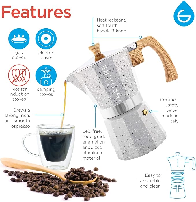 GROSCHE Milano Stovetop Espresso Maker Moka Pot 6 espresso Cup, 9.3 oz Grey | Cuban Coffee Maker And Italian Moka Pot For Stovetop Espresso; For Gas, Electric, And Propane Stoves With A Soft-Touch Handle