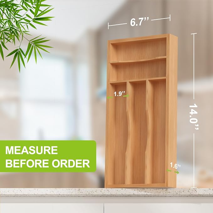 Unibambou Bamboo Kitchen Silverware Organizer with Removable Divider, Small | 4/5 slots flexible, Natural kitchen drawer cutlery organizer, Utensil holder, Flatware organizer tray, 6.7"W x 14"D x 1.6"H