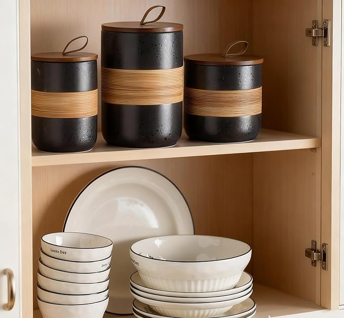Miamolo Ceramic Jar with Lid, Coffee Container Kitchen Food Storage Jars for Spice Sugar Tea Bag, Stackable Decorative Jars for Countertop, Black & 18 fl.oz