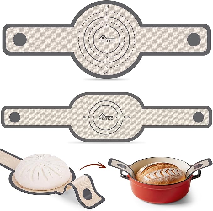 HOTEC 2 Pcs Silicone Bread Sling for Dutch Oven, 0.7MM Thickened Heat Resistant to 500°F Non-Stick Baking Mat with Long Handle Easy to Transfer Sourdough Bread, Dutch Oven Liners Baking Supplies