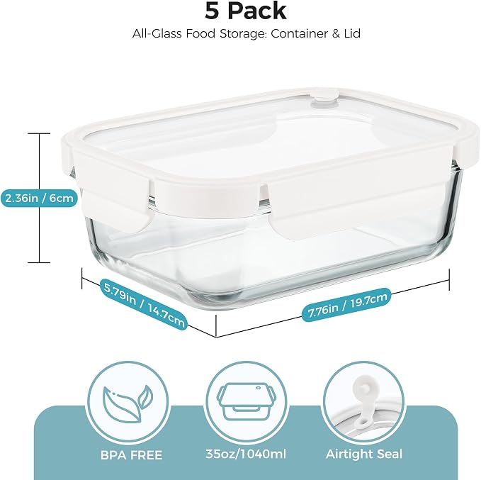 Vtopmart 5 Pack Glass Food Storage Containers with Glass Lids & Air Vent | Meal Prep & Leftover Storage Containers for Kitchen, Lunch and Refrigerator, Microwave Oven Freezer Dishwasher Safe