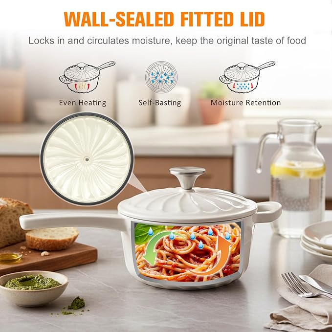 Enameled Cast Iron Sauce Pan with Lid, 2 Quart Saucepan with Lid | Dutch Oven with Lid, Small Cast Iron Pot for Cooking Pasta, Soup, Milk, Induction & Oven Safe Up to 500°F, White