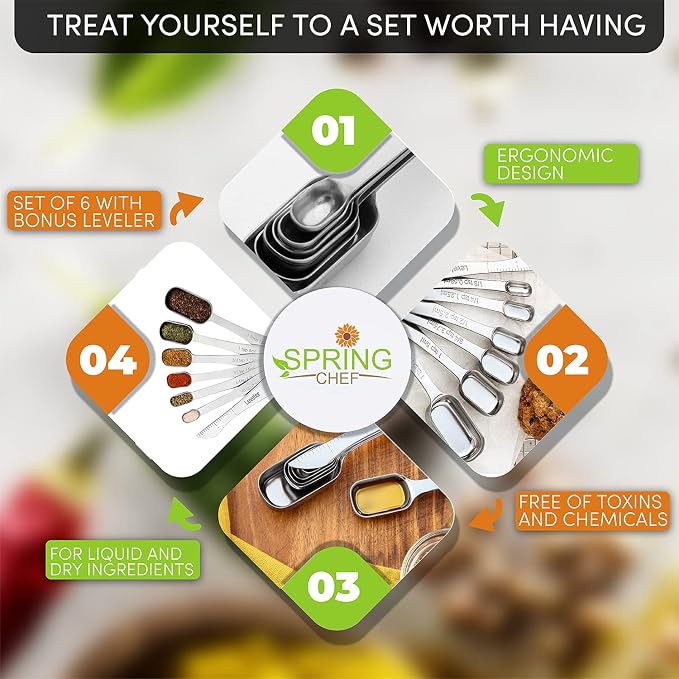 Spring Chef Nesting Stainless Steel Measuring Spoons Set of 7 with Leveler | Rectangular Metal Teaspoon & Tablespoon Measuring Spoons for Dry & Liquid Ingredients, Fits in Spice Jars, Long Handle