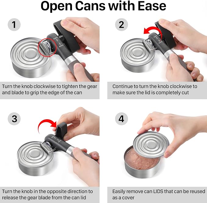Beneno Can Opener, Manual Side Safe Cut Can Opener Smooth Edge, Brown | Durable Sharp DC53 Steel Cutting Blade, Clean Cut with no Sharp Can Edges, Big Effort-Saving Knob, Comfortable Non-Slip Grip