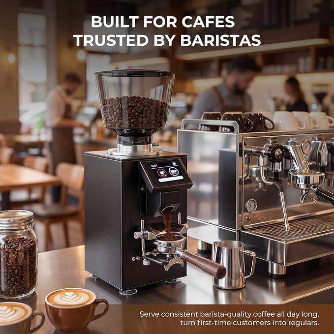 Grind by Weight Commercial Coffee Grinder, 64mm Flat Burr | Touchscreen, ±0.1g precision, dual dosing modes, 14 grind settings, 350w motor, fits portafilters, easy clean, for cafe use